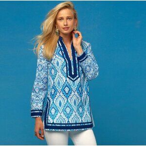 Nicoblu Nicobar Tunic in Deep Sea Blue Ikat Size 1X Petite